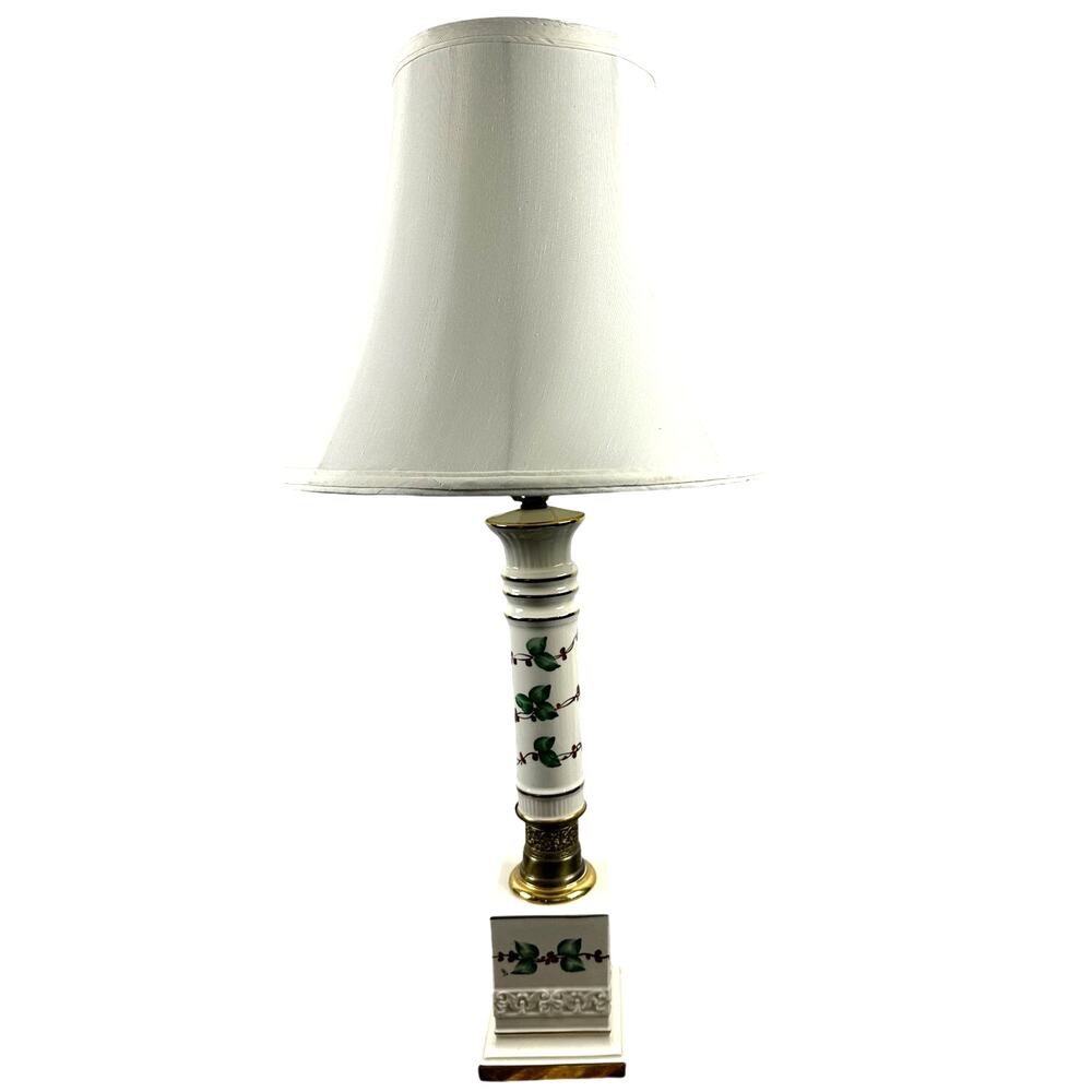 Ceramic Signed Brass Filigree Lamp Features Berries Leaves Shade 30" Vintage!